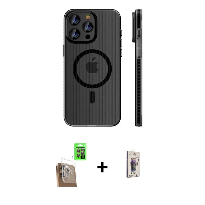 MARSİLYAN™- iPhone 16 Pro Max Kılıf Pusula Minimal Koleksiyonu - Siyah Bilvis 3D Cam Ekran Koruyucu + Raze Metal Kamera Lens - CLTM