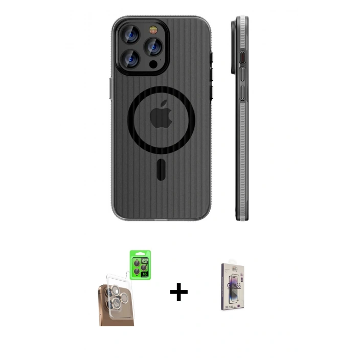 MARSİLYAN™- iPhone 16 Pro Max Kılıf Pusula Minimal Koleksiyonu - Siyah Bilvis 3D Cam Ekran Koruyucu + Raze Metal Kamera Lens - CLTM