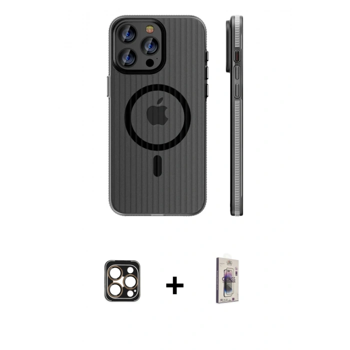 MARSİLYAN™- iPhone 16 Pro Max Kılıf Pusula Minimal Koleksiyonu - Siyah Bilvis 3D Cam Ekran Koruyucu + PVD Metal Kamera Lens - GD