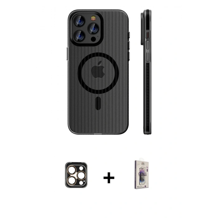 MARSİLYAN™- iPhone 16 Pro Max Kılıf Pusula Minimal Koleksiyonu - Siyah Bilvis 3D Cam Ekran Koruyucu + PVD Metal Kamera Lens - GD