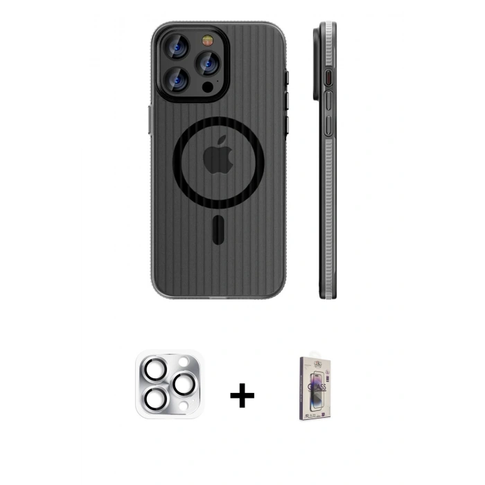 MARSİLYAN™- iPhone 16 Pro Max Kılıf Pusula Minimal Koleksiyonu - Siyah Bilvis 3D Cam Ekran Koruyucu + Pers Alüminyum Kamera Lens - GS