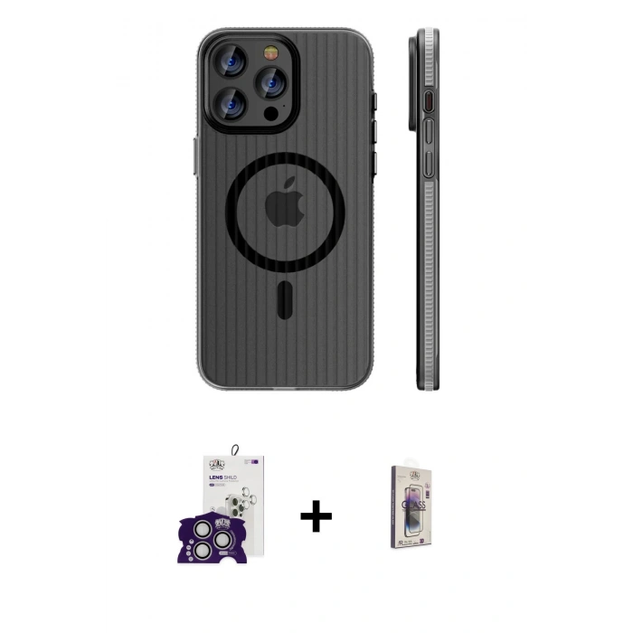 MARSİLYAN™- iPhone 16 Pro Max Kılıf Pusula Minimal Koleksiyonu - Siyah Bilvis 3D Cam Ekran Koruyucu + Gümüş Bilvis Titan Kamera Lens