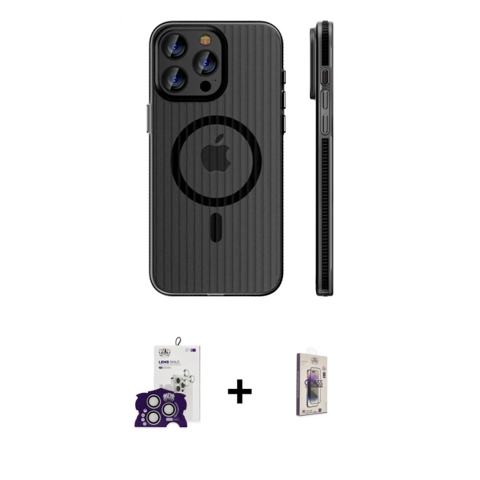 MARSİLYAN™- iPhone 16 Pro Max Kılıf Pusula Minimal Koleksiyonu - Siyah Bilvis 3D Cam Ekran Koruyucu + Gümüş Bilvis Titan Kamera Lens
