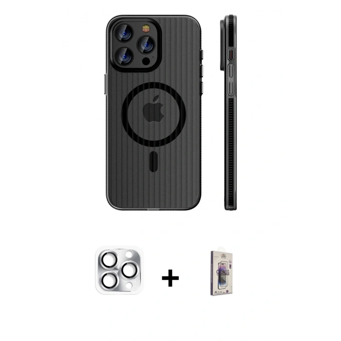 MARSİLYAN™- iPhone 16 Pro Max Kılıf Pusula Minimal Koleksiyonu - Siyah Bilvis 3D Cam Ekran Koruyucu + Pers Alüminyum Kamera Lens - GS