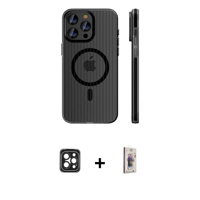 MARSİLYAN™- iPhone 16 Pro Max Kılıf Pusula Minimal Koleksiyonu - Siyah Bilvis 3D Cam Ekran Koruyucu + PVD Metal Kamera Lens - SH