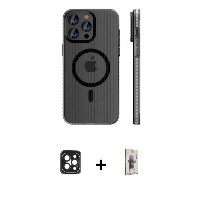 MARSİLYAN™- iPhone 16 Pro Max Kılıf Pusula Minimal Koleksiyonu - Siyah Bilvis 3D Cam Ekran Koruyucu + PVD Metal Kamera Lens - SH