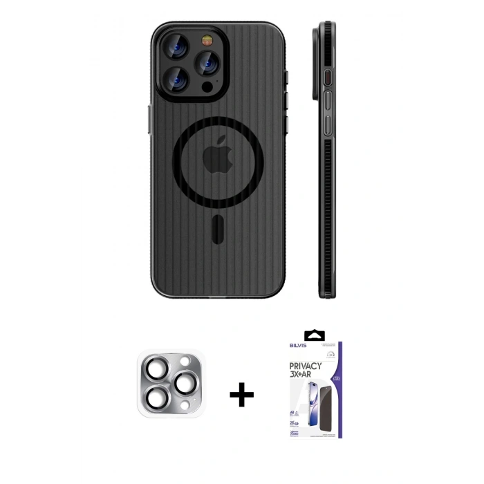 MARSİLYAN™- iPhone 16 Pro Max Kılıf Pusula Minimal Koleksiyonu - Siyah Bilvis 3X AR Hayalet Cam Ekran Koruyucu + Pers Alüminyum Kamera Lens - GI