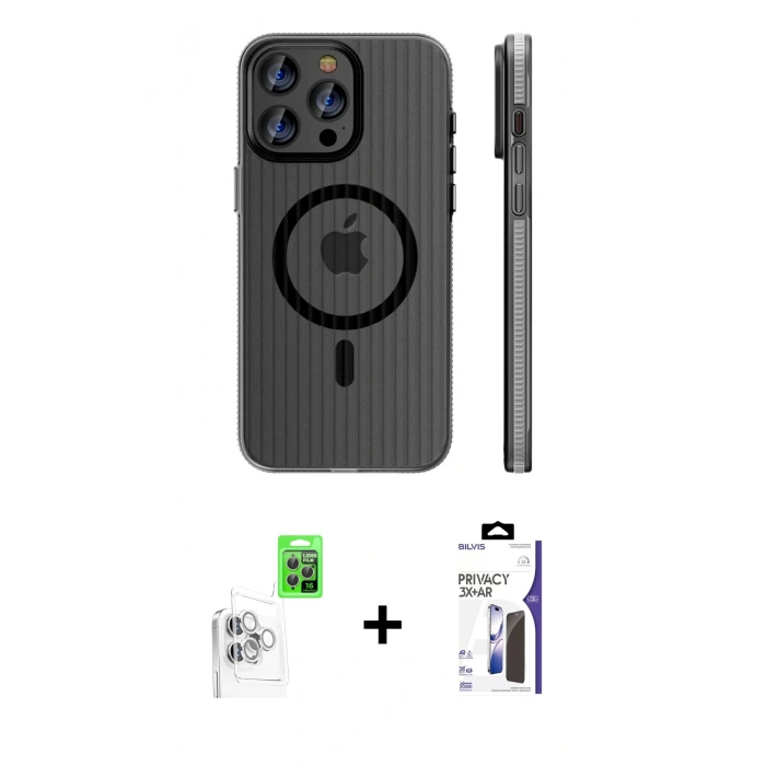 MARSİLYAN™- iPhone 16 Pro Max Kılıf Pusula Minimal Koleksiyonu - Siyah Bilvis 3X AR Hayalet Cam Ekran Koruyucu + Raze Metal Kamera Lens - BZ