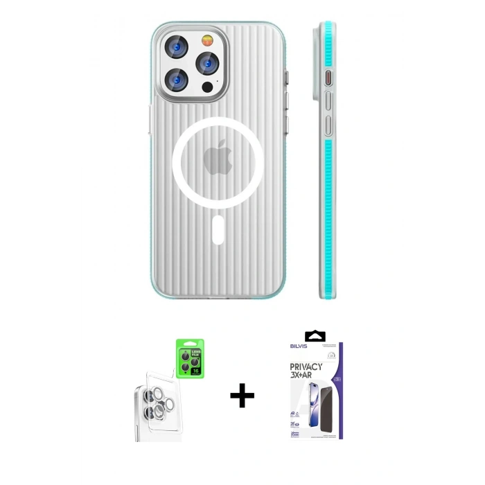 MARSİLYAN™- iPhone 16 Pro Max Kılıf Pusula Minimal Koleksiyonu - Siyah Bilvis 3X AR Hayalet Cam Ekran Koruyucu + Raze Metal Kamera Lens - BZ