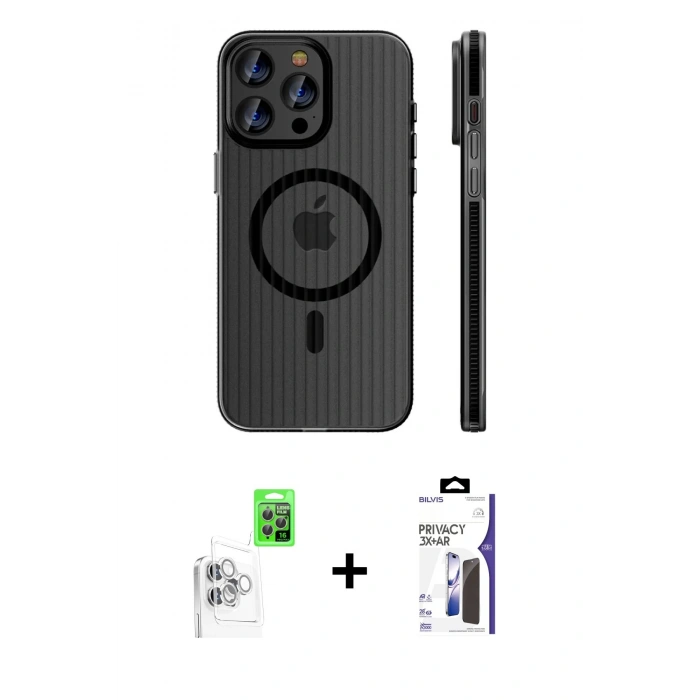 MARSİLYAN™- iPhone 16 Pro Max Kılıf Pusula Minimal Koleksiyonu - Siyah Bilvis 3X AR Hayalet Cam Ekran Koruyucu + Raze Metal Kamera Lens - BZ