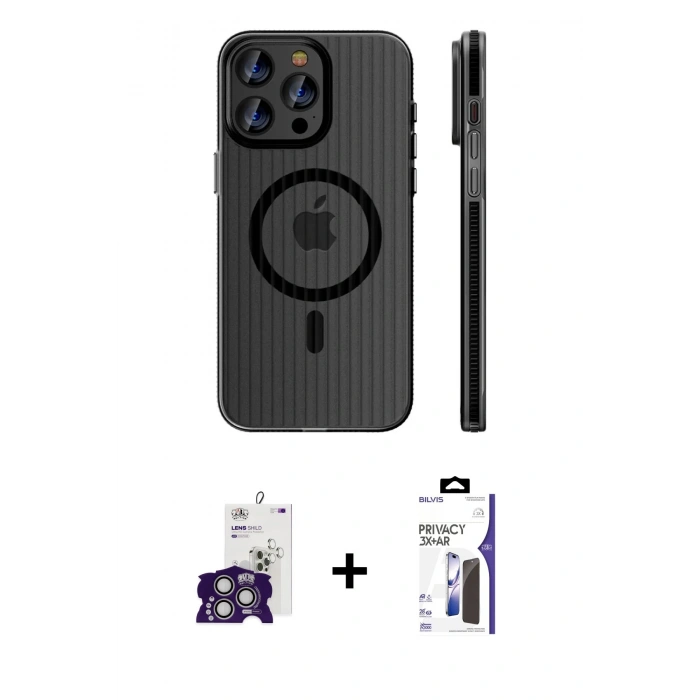 MARSİLYAN™- iPhone 16 Pro Max Kılıf Pusula Minimal Koleksiyonu - Siyah Bilvis 3X AR Hayalet Cam Ekran Koruyucu + Bilvis Titan Kamera Lens - GS