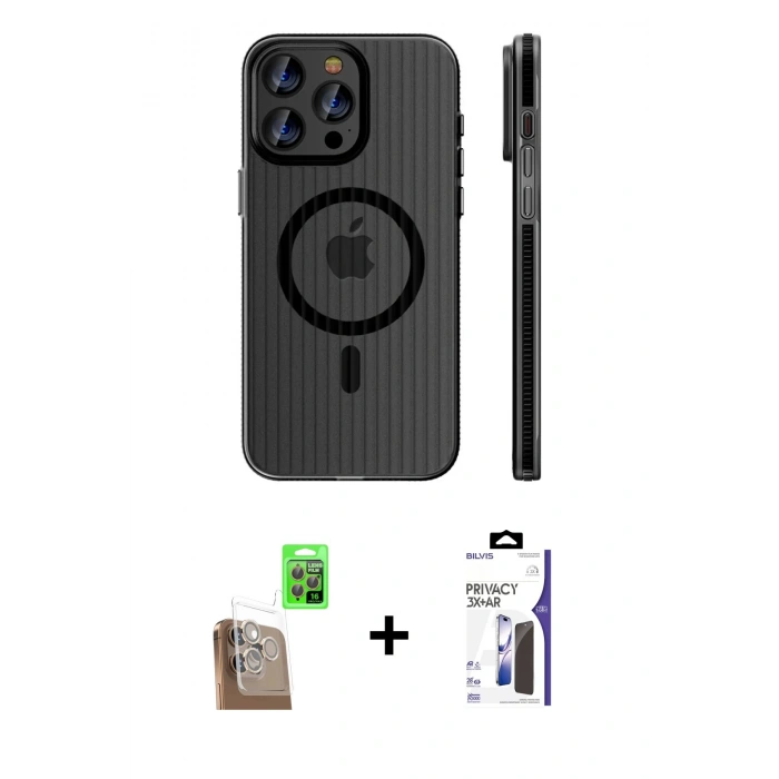 MARSİLYAN™- iPhone 16 Pro Max Kılıf Pusula Minimal Koleksiyonu - Siyah Bilvis 3X AR Hayalet Cam Ekran Koruyucu + Raze Metal Kamera Lens - CLTM