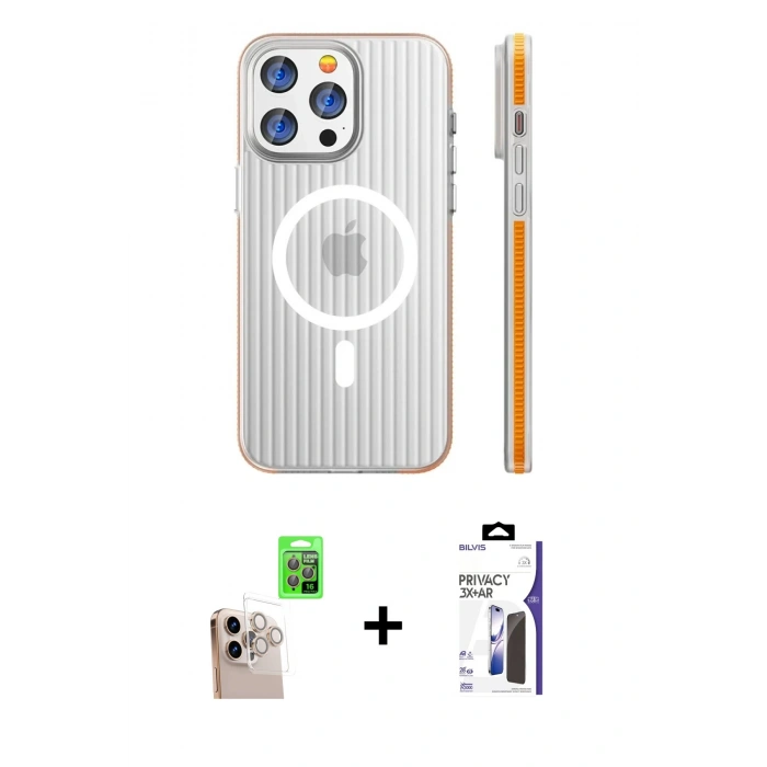 MARSİLYAN™- iPhone 16 Pro Max Kılıf Pusula Minimal Koleksiyonu - Siyah Bilvis 3X AR Hayalet Cam Ekran Koruyucu + Raze Metal Kamera Lens - NLGY