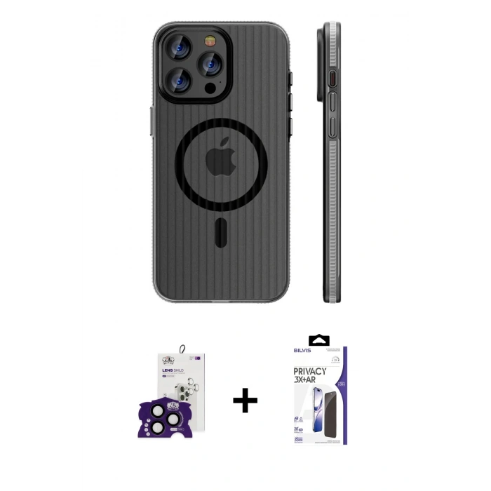MARSİLYAN™- iPhone 16 Pro Max Kılıf Pusula Minimal Koleksiyonu - Siyah Bilvis 3X AR Hayalet Cam Ekran Koruyucu + Bilvis Titan Kamera Lens - SH