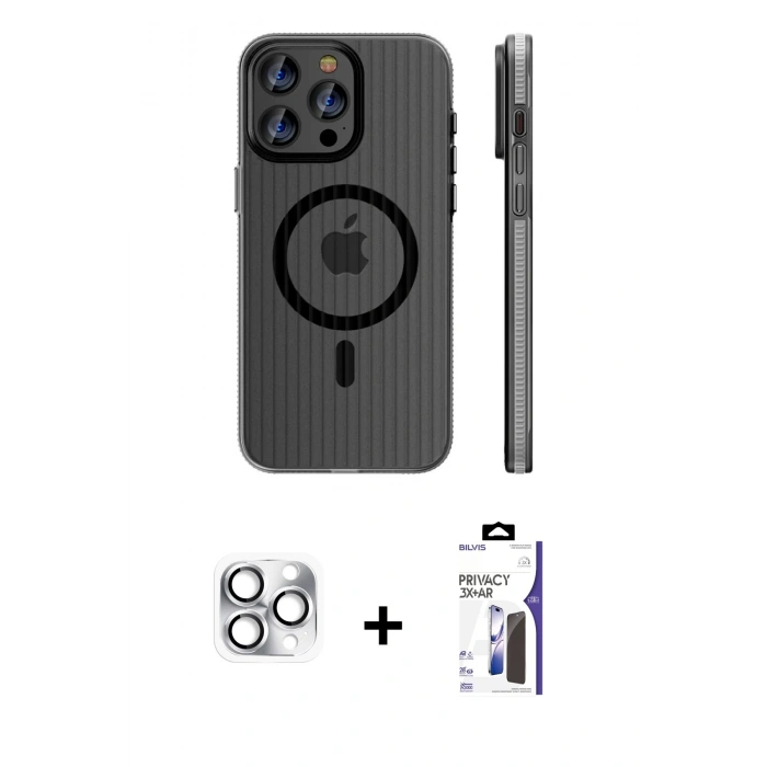 MARSİLYAN™- iPhone 16 Pro Max Kılıf Pusula Minimal Koleksiyonu - Siyah Bilvis 3X AR Hayalet Cam Ekran Koruyucu + Pers Alüminyum Kamera Lens - GS