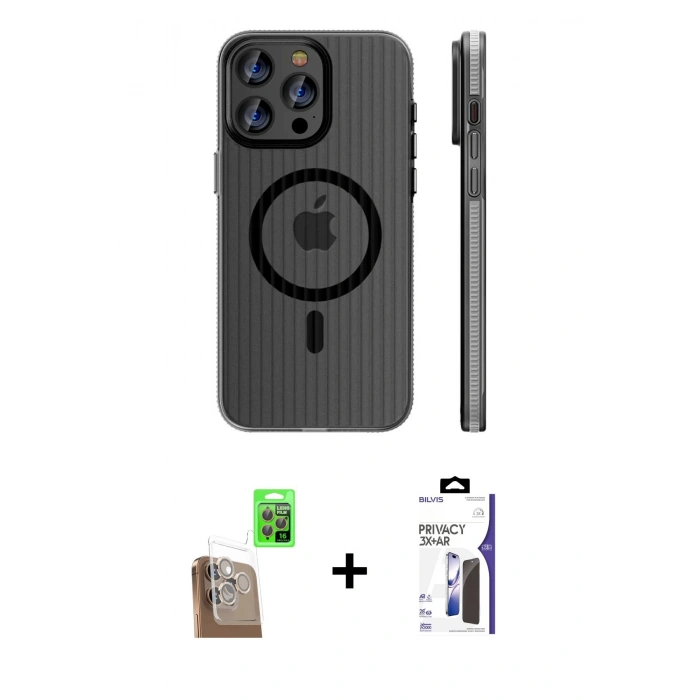 MARSİLYAN™- iPhone 16 Pro Max Kılıf Pusula Minimal Koleksiyonu - Siyah Bilvis 3X AR Hayalet Cam Ekran Koruyucu + Raze Metal Kamera Lens - CLTM