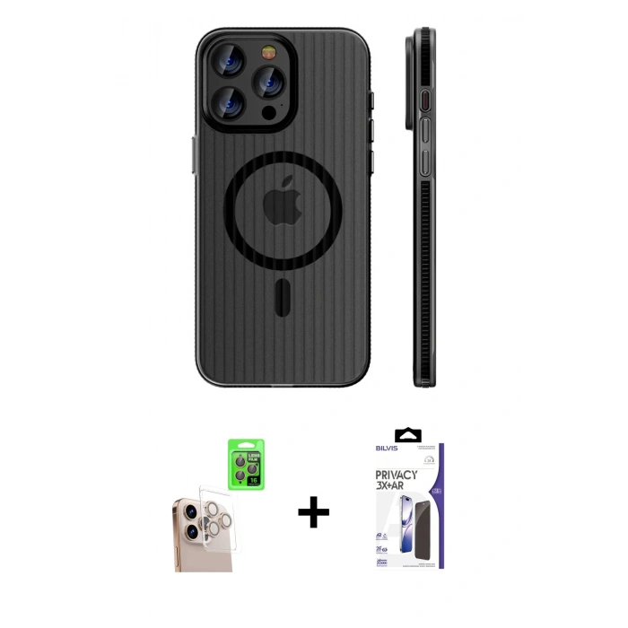 MARSİLYAN™- iPhone 16 Pro Max Kılıf Pusula Minimal Koleksiyonu - Siyah Bilvis 3X AR Hayalet Cam Ekran Koruyucu + Raze Metal Kamera Lens - NLGY
