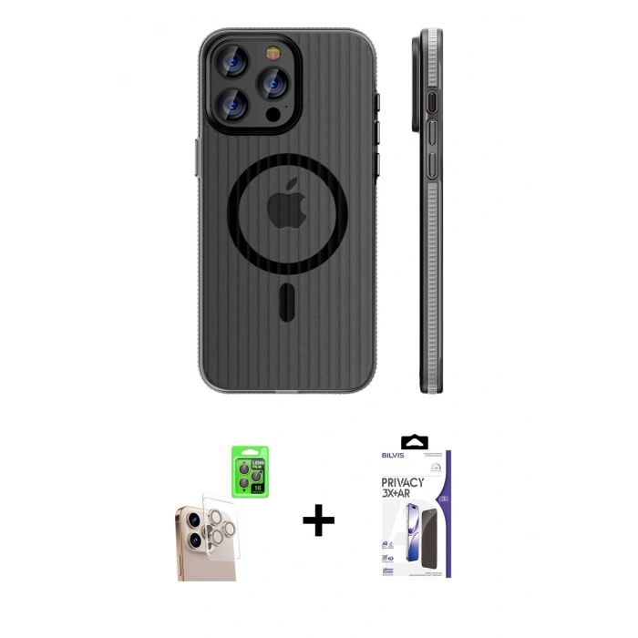 MARSİLYAN™- iPhone 16 Pro Max Kılıf Pusula Minimal Koleksiyonu - Siyah Bilvis 3X AR Hayalet Cam Ekran Koruyucu + Raze Metal Kamera Lens - NLGY