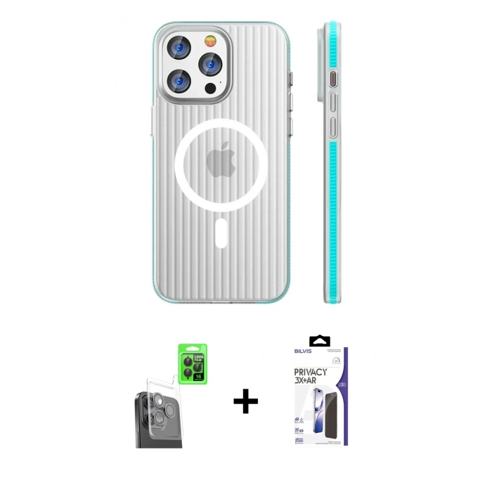 MARSİLYAN™- iPhone 16 Pro Max Kılıf Pusula Minimal Koleksiyonu - Siyah Bilvis 3X AR Hayalet Cam Ekran Koruyucu + Raze Metal Kamera Lens - SH