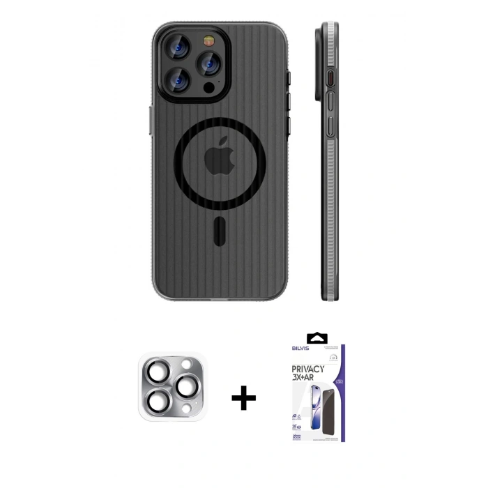 MARSİLYAN™- iPhone 16 Pro Max Kılıf Pusula Minimal Koleksiyonu - Siyah Bilvis 3X AR Hayalet Cam Ekran Koruyucu + Pers Alüminyum Kamera Lens - GI