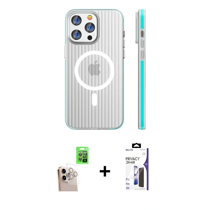 MARSİLYAN™- iPhone 16 Pro Max Kılıf Pusula Minimal Koleksiyonu - Siyah Bilvis 3X AR Hayalet Cam Ekran Koruyucu + Raze Metal Kamera Lens - NLGY