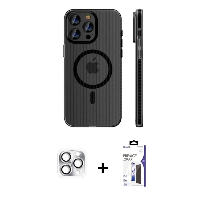 MARSİLYAN™- iPhone 16 Pro Max Kılıf Pusula Minimal Koleksiyonu - Siyah Bilvis 3X AR Hayalet Cam Ekran Koruyucu + Pers Alüminyum Kamera Lens - GS