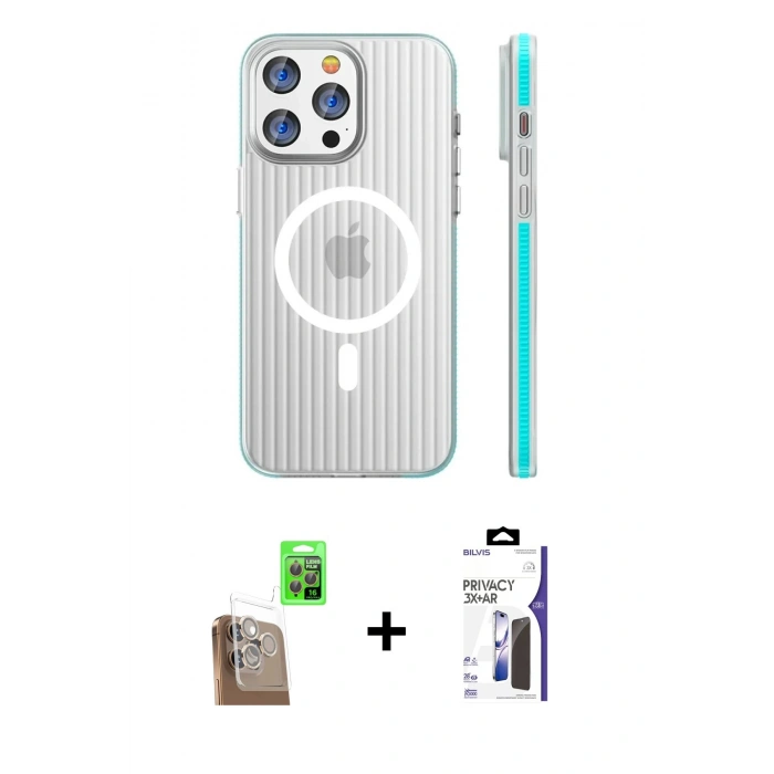 MARSİLYAN™- iPhone 16 Pro Max Kılıf Pusula Minimal Koleksiyonu - Siyah Bilvis 3X AR Hayalet Cam Ekran Koruyucu + Raze Metal Kamera Lens - CLTM