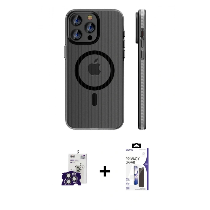 MARSİLYAN™- iPhone 16 Pro Max Kılıf Pusula Minimal Koleksiyonu - Siyah Bilvis 3X AR Hayalet Cam Ekran Koruyucu + Bilvis Titan Kamera Lens - TMGI