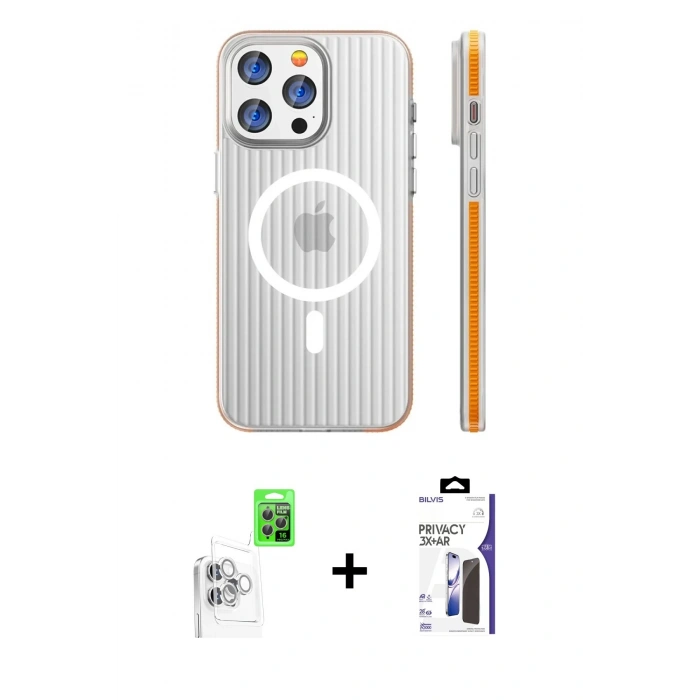 MARSİLYAN™- iPhone 16 Pro Max Kılıf Pusula Minimal Koleksiyonu - Siyah Bilvis 3X AR Hayalet Cam Ekran Koruyucu + Raze Metal Kamera Lens - BZ