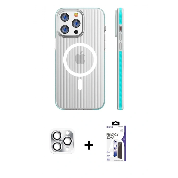 MARSİLYAN™- iPhone 16 Pro Max Kılıf Pusula Minimal Koleksiyonu - Siyah Bilvis 3X AR Hayalet Cam Ekran Koruyucu + Pers Alüminyum Kamera Lens - GS