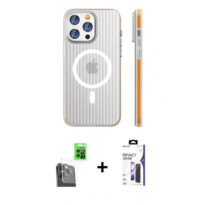 MARSİLYAN™- iPhone 16 Pro Max Kılıf Pusula Minimal Koleksiyonu - Siyah Bilvis 3X AR Hayalet Cam Ekran Koruyucu + Raze Metal Kamera Lens - SH