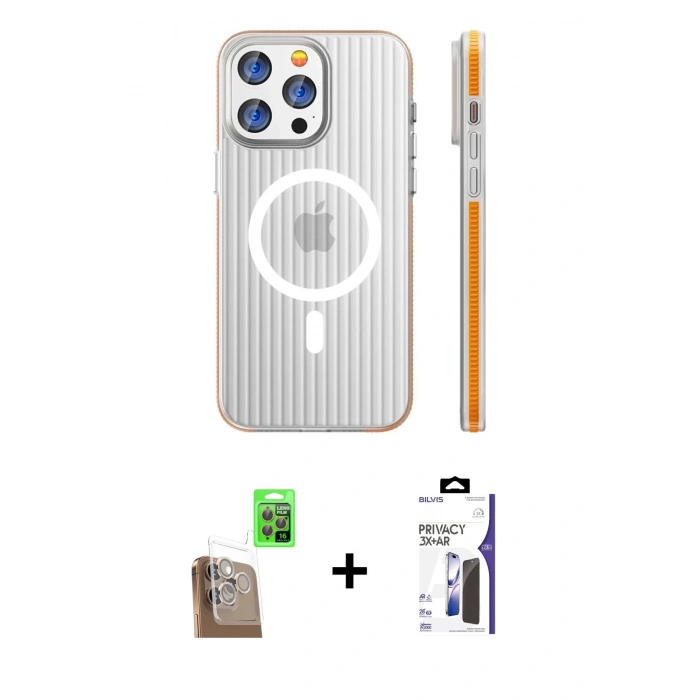 MARSİLYAN™- iPhone 16 Pro Max Kılıf Pusula Minimal Koleksiyonu - Siyah Bilvis 3X AR Hayalet Cam Ekran Koruyucu + Raze Metal Kamera Lens - CLTM