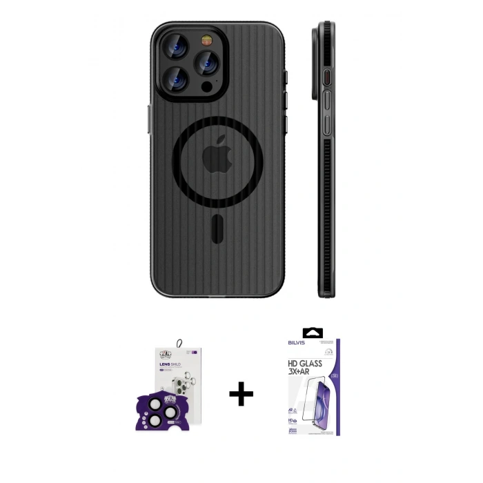 MARSİLYAN™- iPhone 16 Pro Max Kılıf Pusula Minimal Koleksiyonu - Siyah Bilvis 3X AR HD Cam Ekran Koruyucu + Bilvis Titan Kamera Lens - SH