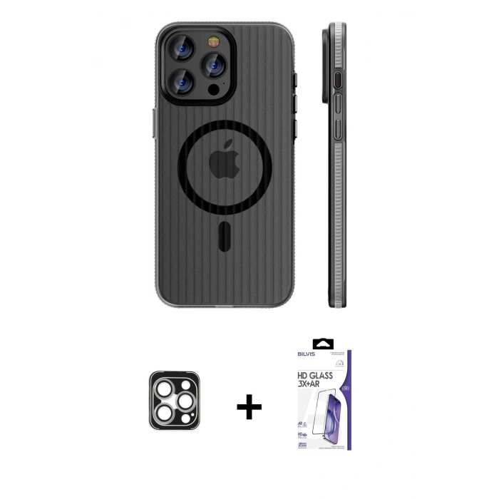 MARSİLYAN™- iPhone 16 Pro Max Kılıf Pusula Minimal Koleksiyonu - Siyah Bilvis 3X AR HD Cam Ekran Koruyucu + PVD Metal Kamera Lens - GS