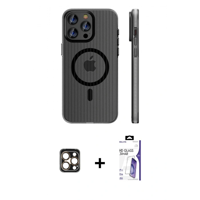 MARSİLYAN™- iPhone 16 Pro Max Kılıf Pusula Minimal Koleksiyonu - Siyah Bilvis 3X AR HD Cam Ekran Koruyucu + PVD Metal Kamera Lens - GD