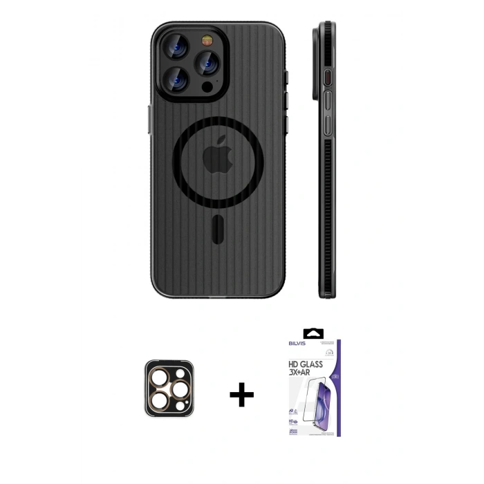 MARSİLYAN™- iPhone 16 Pro Max Kılıf Pusula Minimal Koleksiyonu - Siyah Bilvis 3X AR HD Cam Ekran Koruyucu + PVD Metal Kamera Lens - GD