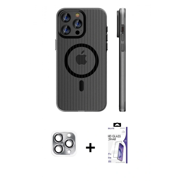 MARSİLYAN™- iPhone 16 Pro Max Kılıf Pusula Minimal Koleksiyonu - Siyah Bilvis 3X AR HD Cam Ekran Koruyucu + Pers Alüminyum Kamera Lens - GI