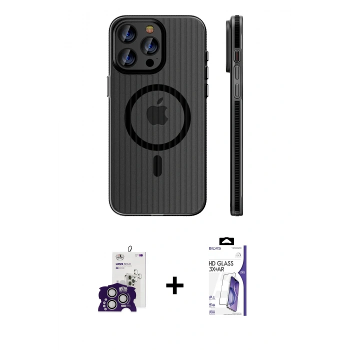 MARSİLYAN™- iPhone 16 Pro Max Kılıf Pusula Minimal Koleksiyonu - Siyah Bilvis 3X AR HD Cam Ekran Koruyucu + Bilvis Titan Kamera Lens - GS