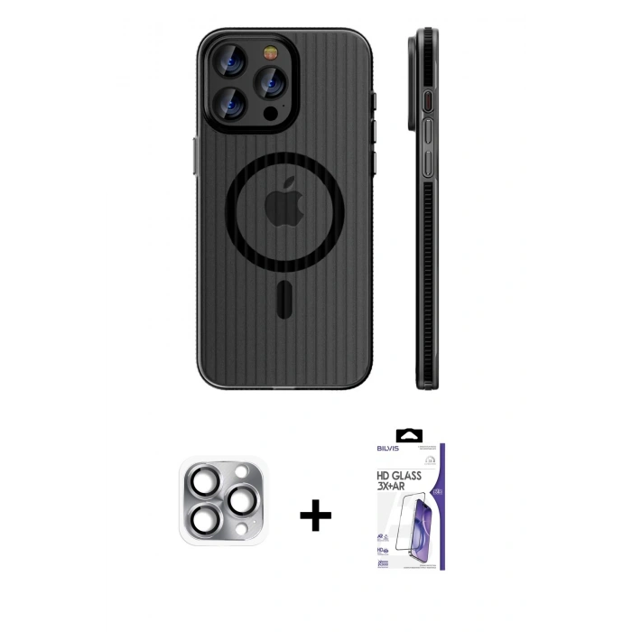 MARSİLYAN™- iPhone 16 Pro Max Kılıf Pusula Minimal Koleksiyonu - Siyah Bilvis 3X AR HD Cam Ekran Koruyucu + Pers Alüminyum Kamera Lens - GI