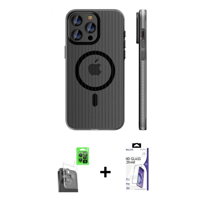 MARSİLYAN™- iPhone 16 Pro Max Kılıf Pusula Minimal Koleksiyonu - Siyah Bilvis 3X AR HD Cam Ekran Koruyucu + Raze Metal Kamera Lens - SH