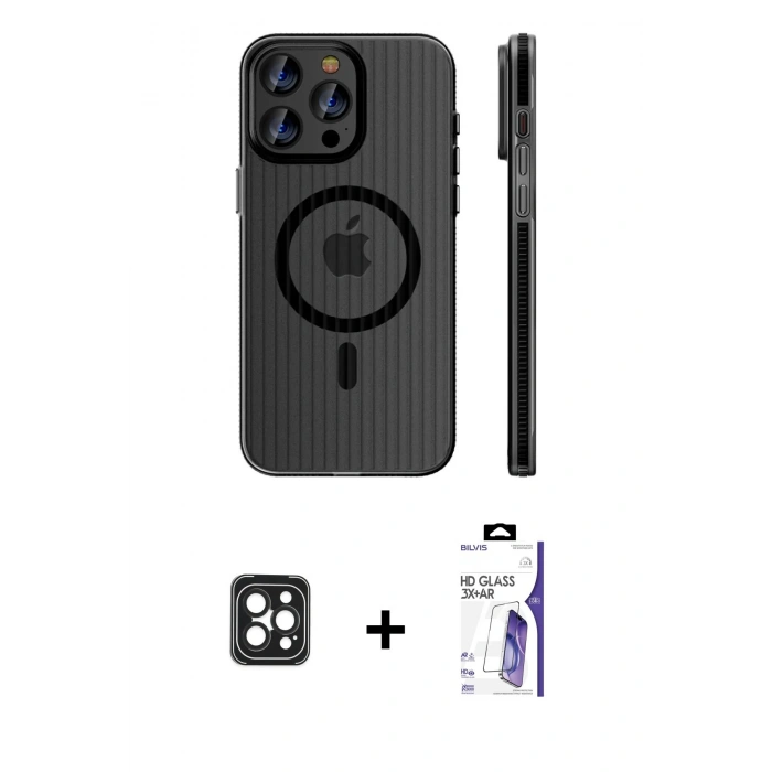 MARSİLYAN™- iPhone 16 Pro Max Kılıf Pusula Minimal Koleksiyonu - Siyah Bilvis 3X AR HD Cam Ekran Koruyucu + PVD Metal Kamera Lens - SH