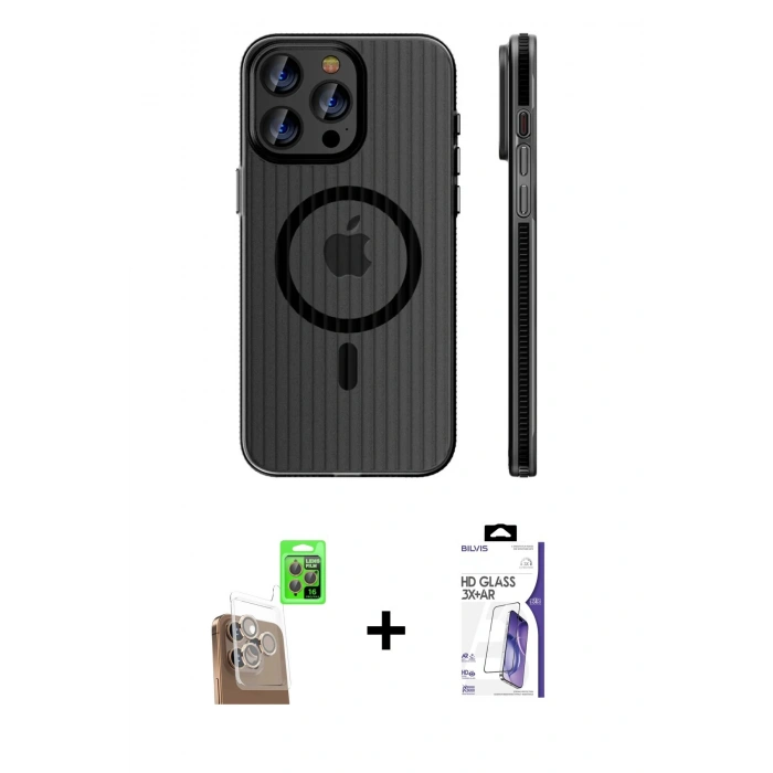 MARSİLYAN™- iPhone 16 Pro Max Kılıf Pusula Minimal Koleksiyonu - Siyah Bilvis 3X AR HD Cam Ekran Koruyucu + Raze Metal Kamera Lens - CLTM