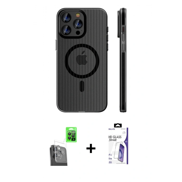 MARSİLYAN™- iPhone 16 Pro Max Kılıf Pusula Minimal Koleksiyonu - Siyah Bilvis 3X AR HD Cam Ekran Koruyucu + Raze Metal Kamera Lens - SH