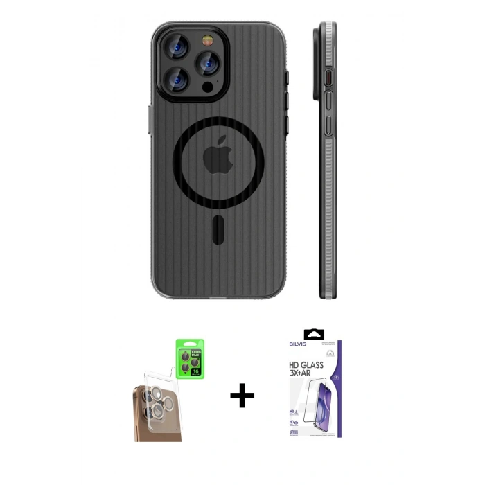MARSİLYAN™- iPhone 16 Pro Max Kılıf Pusula Minimal Koleksiyonu - Siyah Bilvis 3X AR HD Cam Ekran Koruyucu + Raze Metal Kamera Lens - CLTM