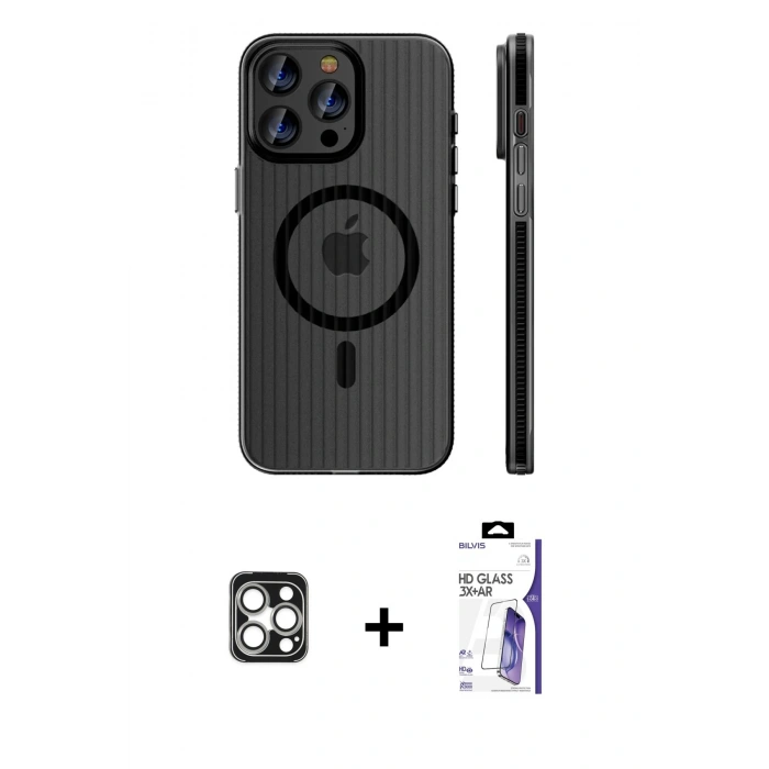MARSİLYAN™- iPhone 16 Pro Max Kılıf Pusula Minimal Koleksiyonu - Siyah Bilvis 3X AR HD Cam Ekran Koruyucu + PVD Metal Kamera Lens - GS