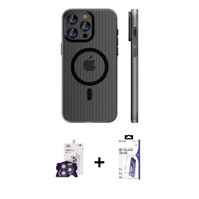 MARSİLYAN™- iPhone 16 Pro Max Kılıf Pusula Minimal Koleksiyonu - Siyah Bilvis 3X AR HD Cam Ekran Koruyucu + Bilvis Titan Kamera Lens - GS