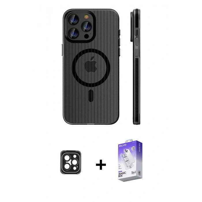 MARSİLYAN™- iPhone 16 Pro Max Kılıf Pusula Minimal Koleksiyonu - Siyah Bilvis 5in1 3D Magic Cam Ekran Koruyucu + Siyah PVD Metal Kamera Lens