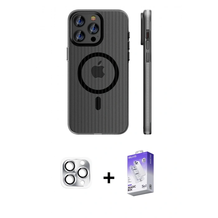 MARSİLYAN™- iPhone 16 Pro Max Kılıf Pusula Minimal Koleksiyonu - Siyah Bilvis 5in1 3D Magic Cam Ekran Koruyucu + Pers Alüminyum Kamera Lens - GS