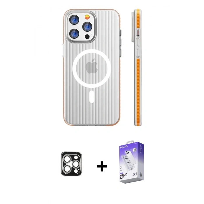 MARSİLYAN™- iPhone 16 Pro Max Kılıf Pusula Minimal Koleksiyonu - Siyah Bilvis 5in1 3D Magic Cam Ekran Koruyucu + Gümüş PVD Metal Kamera Lens