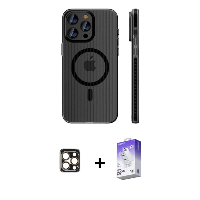 MARSİLYAN™- iPhone 16 Pro Max Kılıf Pusula Minimal Koleksiyonu - Siyah Bilvis 5in1 3D Magic Cam Ekran Koruyucu + PVD Metal Kamera Lens - GD
